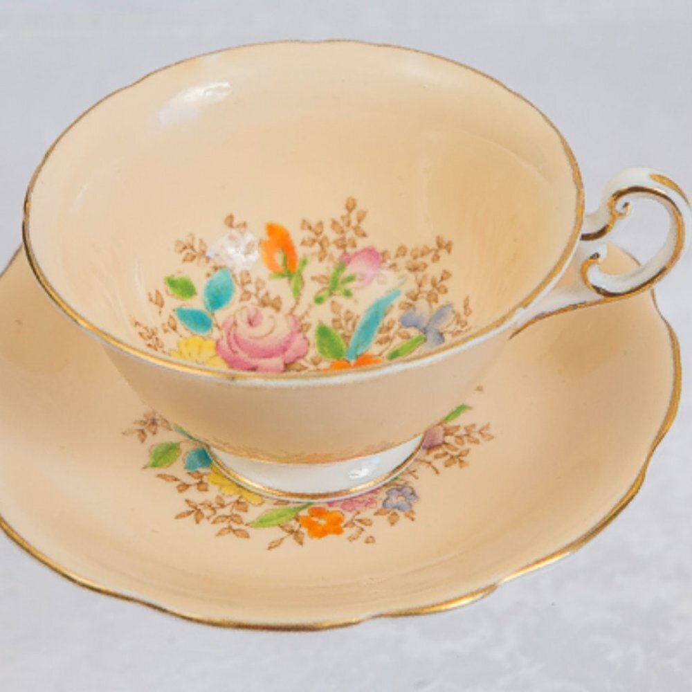 VINTAGE FOLEY English China Teacup and Saucer PEACH MULTI COLOURED FLORA…